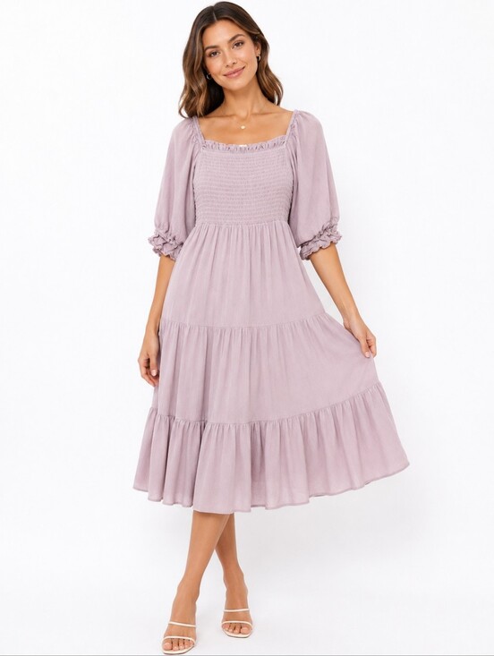 OAK + FORT Dresses & Skirts - Oak + Fort Smocked Tiered Midi Dress – Blush Pink – Size S